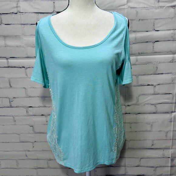Vanity Aqua Blue Cold Shoulder Lace Back Tee – Size L - Picture 1 of 10